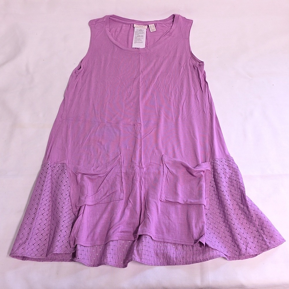 LOGO Lori Goldstein Tunic Top Womens XS Purple Eyelet Lace Sleeveless Pockets